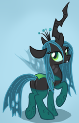 Size: 694x1080 | Tagged: safe, artist:arrkhal, queen chrysalis, changeling, changeling queen, g4, blue background, bugbutt, butt, clothes, crown, female, jewelry, looking at you, looking back, looking back at you, mare, plot, regalia, shadow, simple background, smiling, smiling at you, socks, solo, walking