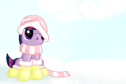 Size: 1600x1067 | Tagged: safe, artist:dappercat-uk, twilight sparkle, g4, boots, clothes, cute, female, filly, hat, oversized clothes, scarf, snow, solo, twiabetes