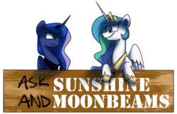 Size: 830x539 | Tagged: safe, artist:anticular, princess celestia, princess luna, alicorn, pony, ask sunshine and moonbeams, g4, banner, duo, duo female, female, frown, grin, mare, marker, smiling, tumblr, unamused