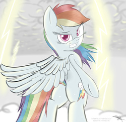 Size: 1400x1361 | Tagged: safe, artist:dashboom, rainbow dash, pegasus, pony, g4, bipedal, butt, cloud, cloudy, female, lightning, looking at you, mare, plot, signature, sky, solo