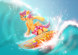 Size: 4961x3508 | Tagged: safe, artist:toonlancer, scootaloo, pony, g4, bipedal, female, solo, surfboard, surfing