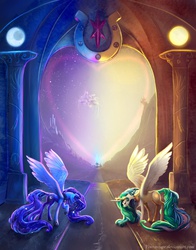 Size: 2000x2545 | Tagged: safe, artist:viwrastupr, princess celestia, princess luna, alicorn, pony, g4, bowing, canterlot, cloudsdale, crystal castle, cutie mark, eyes closed, female, heart, high res, mare, moon, raised hoof, redraw, smiling, sparkles, spread wings, stars, sun, tangible heavenly object, twilight's castle