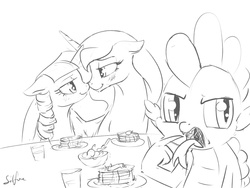 Size: 1280x960 | Tagged: safe, artist:silfoe, princess luna, spike, twilight sparkle, alicorn, pony, royal sketchbook, g4, annoyed, bedroom eyes, blushing, boop, eye contact, female, floppy ears, food, gagging, grayscale, hug, lesbian, mare, monochrome, nose wrinkle, noseboop, open mouth, pancakes, ship:twiluna, shipping, sketch, smiling, table, tongue out, twilight sparkle (alicorn), winghug
