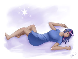 Size: 2970x2250 | Tagged: safe, artist:missangest, twilight sparkle, human, g4, barefoot, bottomless, clothes, dark skin, feet, female, horn, horned humanization, humanized, sleeping, solo