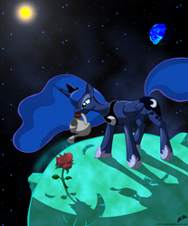 Size: 2397x2884 | Tagged: safe, artist:cynos-zilla, princess luna, alicorn, pony, earth, female, flower, gardening, lidded eyes, mouth hold, parody, planet, rose, smiling, solo, space, stars, sun, tangible heavenly object, the little prince, watering can
