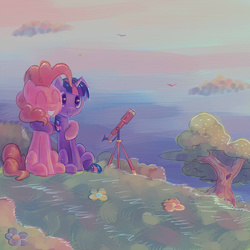 Size: 1200x1200 | Tagged: safe, artist:silfidum, pinkie pie, twilight sparkle, g4, eyes closed, female, grass, lesbian, ship:twinkie, shipping, telescope