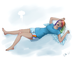 Size: 3300x2664 | Tagged: safe, artist:missangest, rainbow dash, human, g4, barefoot, clothes, cloud, drool, eyes closed, feet, humanized, lying, lying down, on back, open mouth, shorts, sleeping, spread wings, t-shirt, winged humanization