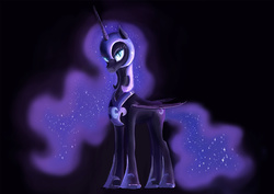 Size: 1753x1240 | Tagged: safe, artist:plainoasis, nightmare moon, alicorn, pony, g4, black background, ethereal mane, female, helmet, hoof shoes, jewelry, mare, peytral, regalia, simple background, solo