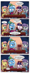 Size: 1200x2831 | Tagged: safe, artist:daniel-sg, fluttershy, maud pie, trixie, twilight sparkle, pegasus, pony, unicorn, g4, angry, chair, comic, dark comedy, dizzy, dungeons and dragons, female, mare, sitting, smiling, take that, tongue out, trixie is not amused, unamused, urge to kill rising, when she smiles, yay