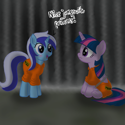 Size: 500x500 | Tagged: safe, artist:alex-mewmew, artist:pony-mewmew, minuette, twilight sparkle, alicorn, pony, blushing, bound wings, chains, clothes, duo, female, mare, prison, prison outfit, prisoner, prisoner ts, twilight sparkle (alicorn)