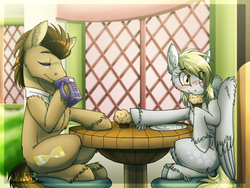 Size: 900x675 | Tagged: safe, artist:inuhoshi-to-darkpen, derpy hooves, doctor whooves, time turner, earth pony, pony, g4, blushing, cute, drinking, eyes closed, fluffy, male, mouth hold, muffin, mug, ship:doctorderpy, shipping, sitting, stallion, straight, tardis, unshorn fetlocks