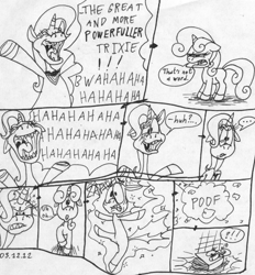 Size: 927x1001 | Tagged: safe, artist:stinkek, sweetie belle, trixie, g4, alicorn amulet, book, comic, dialogue, dictionary, dictionary belle, female, grayscale, inanimate tf, magic, mare, monochrome, speech bubble, traditional art, transformation