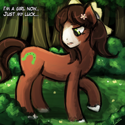 Size: 750x750 | Tagged: safe, artist:lumineko, trouble shoes, earth pony, pony, appleoosa's most wanted, g4, 30 minute art challenge, dialogue, female, flower, flower in hair, frown, just my luck, looking back, male to female, mare, post-transformation, raised hoof, rule 63, solo, transformation, transgender transformation, troubleheels clara, unshorn fetlocks