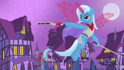 Size: 3840x2160 | Tagged: safe, artist:virenth, trixie, pony, unicorn, g4, alicorn amulet, armor, artificial wings, augmented, cloak, clothes, female, gun, high res, magic, magic wings, pistol, quirass, rapier, solo, sword, wallpaper, wings