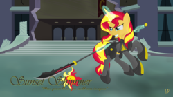Size: 3840x2160 | Tagged: safe, artist:virenth, sunset shimmer, pony, unicorn, g4, armor, female, high res, naginata, solo, wallpaper, weapon