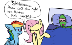 Size: 1152x720 | Tagged: safe, artist:visiti, fluttershy, rainbow dash, oc, oc:anon, human, g4, bed, go to bed, pillow, sleeping, slice of life