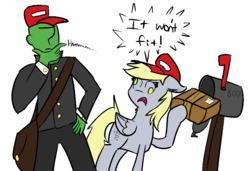 Size: 938x641 | Tagged: safe, artist:visiti, derpy hooves, oc, oc:anon, human, g4, box, cap, hat, mailbox, mailmare, slice of life