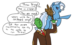 Size: 1106x668 | Tagged: safe, artist:visiti, trixie, oc, oc:anon, human, pony, g4, cardboard wings, fake wings, holding a pony, let's fly to the castle, slice of life, stupidity, this will end in pain, what could possibly go wrong