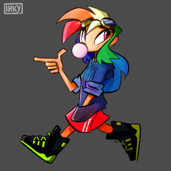 Size: 2000x2000 | Tagged: safe, artist:inkypsycho, rainbow dash, human, g4, bubblegum, clothes, female, goggles, high res, hoodie, humanized, solo, sweater