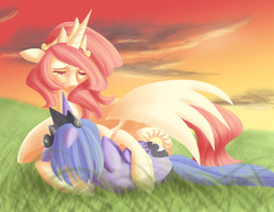 Size: 1024x791 | Tagged: safe, artist:mirrorandimage, princess celestia, princess luna, g4, cuddling, filly, floppy ears, grass, hug, lidded eyes, on side, pink-mane celestia, prone, snuggling, spread wings, woona, younger