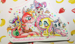Size: 900x530 | Tagged: safe, artist:yang0, apple bloom, big macintosh, fluttershy, scootaloo, sweetie belle, earth pony, pony, g4, cutie mark crusaders, male, stallion, traditional art