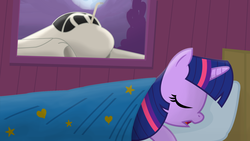 Size: 1600x900 | Tagged: safe, artist:totallynotabronyfim, twilight sparkle, g4, a-6 intruder, bed, bed intruder, bedroom, blanket, context is for the weak, female, jet, magic, plane, pun, sleeping, solo, soon, visual pun, wat