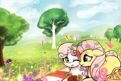 Size: 1125x750 | Tagged: safe, artist:lumineko, fluttershy, sweetie belle, twilight sparkle, alicorn, butterfly, pegasus, pony, unicorn, fanfic:fallen angels, g4, basket, bouquet, bouquet of flowers, bow, cloud, detailed, eye contact, fanfic, fanfic art, fanfic spoiler, female, filly, flower, flutterbelle, foal, horn, lesbian, looking at each other, looking at someone, lying down, mare, on side, one eye closed, picnic, picnic basket, picnic blanket, prone, shipping, trio, twilight sparkle (alicorn)