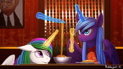 Size: 1921x1093 | Tagged: safe, artist:rublegun, princess celestia, princess luna, alicorn, pony, g4, asian, bowl, chopsticks, clothes, duo, female, food, fork, kim il-sung, magic, mare, noodles, north korea, painting, plate