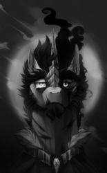 Size: 700x1128 | Tagged: safe, artist:zetapold, king sombra, g4, beard, crying, dark magic, grayscale, magic, male, monochrome, scar, solo, sombra eyes