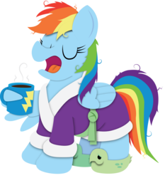 Size: 3008x3231 | Tagged: safe, artist:bobthedalek, rainbow dash, pegasus, pony, g4, bathrobe, bed mane, clothes, coffee, female, high res, morning ponies, mug, rainbow dash always dresses in style, solo, tank slippers, wing hands, yawn