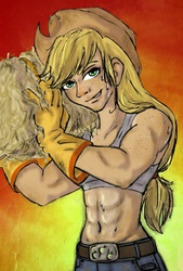 Size: 736x1086 | Tagged: safe, artist:chipperpony, applejack, human, g4, abs, applejacked, belly button, clothes, humanized, midriff, muscles, sports bra, sweat