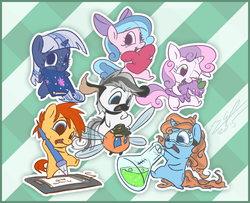 Size: 924x750 | Tagged: safe, artist:assasinmonkey, spike, sweetie belle, oc, oc:hope diamond, oc:silverlay, oc:snoopy stallion, oc:tracy swift, oc:valence, original species, umbra pony, g4, chibi, cute