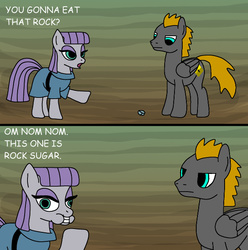 Size: 604x608 | Tagged: safe, artist:platinumdrop, maud pie, oc, oc:platinumdrop, g4, comic, eating, nom, rock sugar