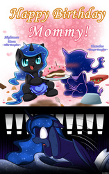 Size: 1131x1800 | Tagged: safe, artist:vavacung, nightmare moon, princess luna, tantabus, alicorn, pony, do princesses dream of magic sheep, g4, blushing, cake, catapult nightmare, comic, cute, family, female, filly, filly nightmare moon, filly tantabus, floppy ears, fridge horror, looking at you, mare, maternaluna, missing accessory, moonabetes, mother and daughter, nightmare, nightmare woon, open mouth, screaming, sitting, smiling, sweat, tantibetes, the implications are horrible, wide eyes, younger