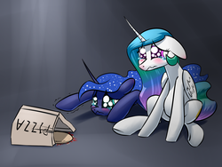 Size: 1400x1050 | Tagged: safe, artist:underpable, princess celestia, princess luna, alicorn, pony, ;-;, blushing, crying, cute, dilated pupils, duo, everything is ruined, eye shimmer, female, floppy ears, food, gradient background, gray background, hilarious in hindsight, mare, missing accessory, pizza, pizza box, prone, reaching, sad, sadorable, shivering, simple background, sitting, teary eyes, wavy mouth