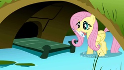 Size: 1280x720 | Tagged: safe, screencap, fluttershy, fish, dragonshy, g4, bridge, dead, female, grin, mouth hold, smiling, solo, water