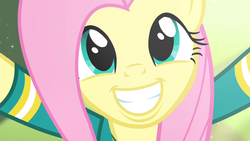 Size: 1280x720 | Tagged: safe, screencap, fluttershy, pegasus, pony, filli vanilli, g4, clothes, cute, female, mare, ponytones outfit, shyabetes, smiling, teeth