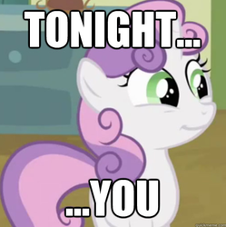 Size: 506x509 | Tagged: safe, edited screencap, screencap, sweetie belle, pony, unicorn, g4, hearts and hooves day (episode), season 2, aqua teen hunger force, caption, cropped, curly hair, curly mane, curly tail, female, filly, foal, green eyes, horn, image macro, impact font, implied foalcon, meme, pink hair, pink mane, pink tail, purple hair, purple mane, purple tail, smiling, solo, tail, text, tonight you, two toned hair, two toned mane, two toned tail, white body, white coat, white fur, white pony