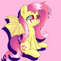 Size: 1750x1750 | Tagged: safe, artist:kawaiipony2, fluttershy, bat pony, pony, g4, female, flutterbat, red eyes, simple background, sitting, solo, spread wings