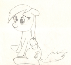 Size: 2435x2241 | Tagged: safe, artist:chronicle23, derpy hooves, pegasus, pony, g4, female, floppy ears, high res, monochrome, sitting, smiling, solo, traditional art