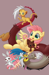 Size: 3300x5100 | Tagged: safe, artist:lordyanyu, angel bunny, discord, fluttershy, bear, big cat, lion, g4, gray background, simple background