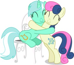 Size: 7000x6100 | Tagged: safe, artist:caliazian, bon bon, lyra heartstrings, sweetie drops, earth pony, pony, unicorn, g4, slice of life (episode), ^^, absurd resolution, adorabon, best friends, bipedal, c:, chair, cute, eyes closed, female, hug, lyrabetes, mare, simple background, sitting, smiling, transparent background, vector