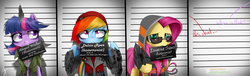 Size: 2581x787 | Tagged: safe, artist:supermare, fluttershy, rainbow dash, twilight sparkle, g4, abigail "fetch" walker, beanie, clothes, crossover, delsin rowe, eugene sims, glasses, hat, infamous, infamous second son, mugshot