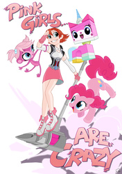 Size: 1267x1800 | Tagged: safe, artist:didj, pinkie pie, earth pony, pony, g4, crossover, female, insanity, lego, littlest pet shop, magnhild, mare, minka mark, nora valkyrie, pink, rwby, simple background, the lego movie, too much pink energy is dangerous, unikitty, white background