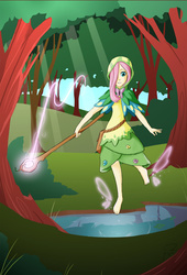 Size: 1170x1724 | Tagged: safe, artist:didj, fluttershy, human, my little mages, g4, barefoot, druid, fantasy class, feet, female, floating wings, flutterdruid, forest, glowing, hood, humanized, magic, scepter, solo, water