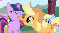 Size: 1280x720 | Tagged: safe, screencap, apple cider (g4), apple cobbler, applejack, lavender fritter, red gala, twilight sparkle, earth pony, pony, unicorn, friendship is magic, g4, apple family member, background pony, eyes closed, female, funny face, hoof in mouth, hoofjack, mare, out of context, puffy cheeks, unicorn twilight