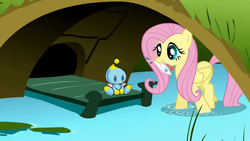Size: 1280x720 | Tagged: safe, edit, edited screencap, screencap, fluttershy, chao, fish, pegasus, pony, dragonshy, g4, crossover, dead, feeding, female, mare, mouth hold, sonic the hedgehog (series)