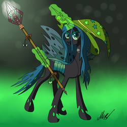 Size: 1024x1024 | Tagged: safe, artist:soveno, derpibooru exclusive, queen chrysalis, changeling, changeling queen, g4, female, glowing, glowing horn, hat, horn, solo