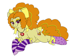 Size: 1097x829 | Tagged: safe, artist:catlover1672, adagio dazzle, earth pony, pony, g4, bow, clothes, cute, disguise, earth pony adagio dazzle, equestria girls ponified, female, gem, hair bow, looking at you, lying down, mare, ponified, prone, simple background, siren gem, smiling, socks, solo, striped socks, white background