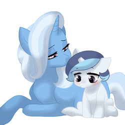 Size: 3000x3000 | Tagged: safe, artist:kianamai, trixie, oc, oc:dove (kianamai), pony, unicorn, kilalaverse, g4, blushing, broken horn, dizzy, female, french, high res, horn, kissing, mare, mother and daughter, next generation, offspring, parent:trixie, parent:unnamed oc, parents:canon x oc, sad, simple background, story included, white background